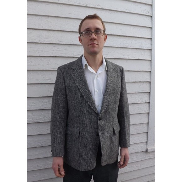 Vintage Mens Herringbone Jacket Black White Sport Coat Tweed Wool 40 - Picture 3 of 5
